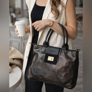Nicoli Italian Leather Metallic Tote Black Gold Hardware Large Work/Travels Bag